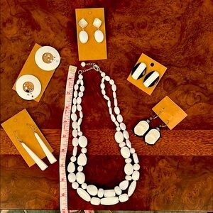 White Beaded Necklace & Pierced Earrings Vintage